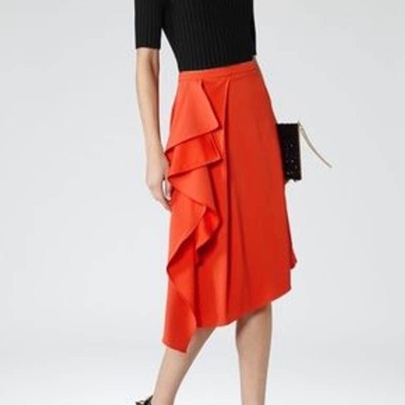 REISS skirt Dita Waterfall Front Mandarin Bold Orange Draped Crepe womens Sz 8 - Picture 4 of 13